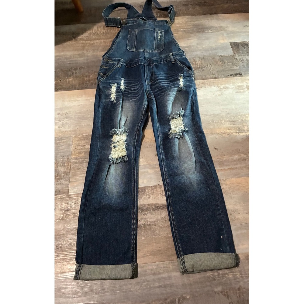 Machine Nouvelle Mode Distressed Denim Overalls Dark Wash Blue Jeans Size 26 S